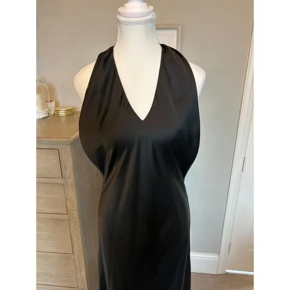 Show Me Your Mumu | Black Midi V Neck Satin Backless Halter Slip Dress | Large - Picture 4 of 16